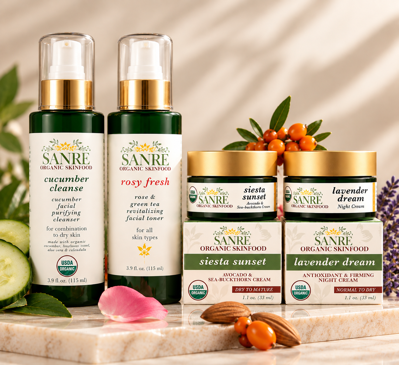 SanRe Dry Skin Gift Set with Cucumber Cleanse, Rosy Fresh, Siesta Sunset and Lavender Dream