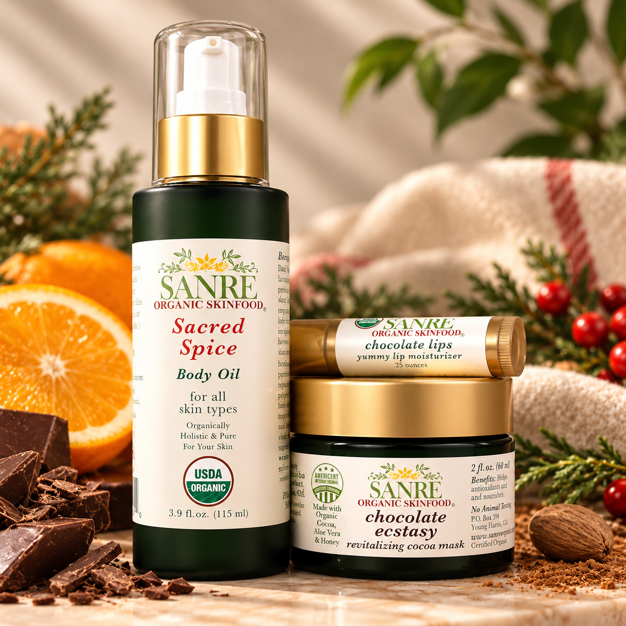SanRe Naughty or Nice Gift Set with Sacred Spice, Chocolate Ecstasy and Chocolate Lips