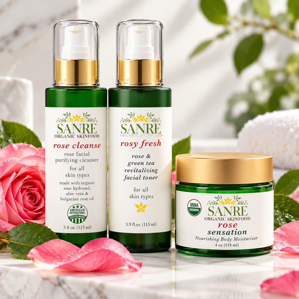 SanRe Organic Skinfood Rose Gift Set with Rose Cleanse, Rosy Fresh and Rose Sensation
