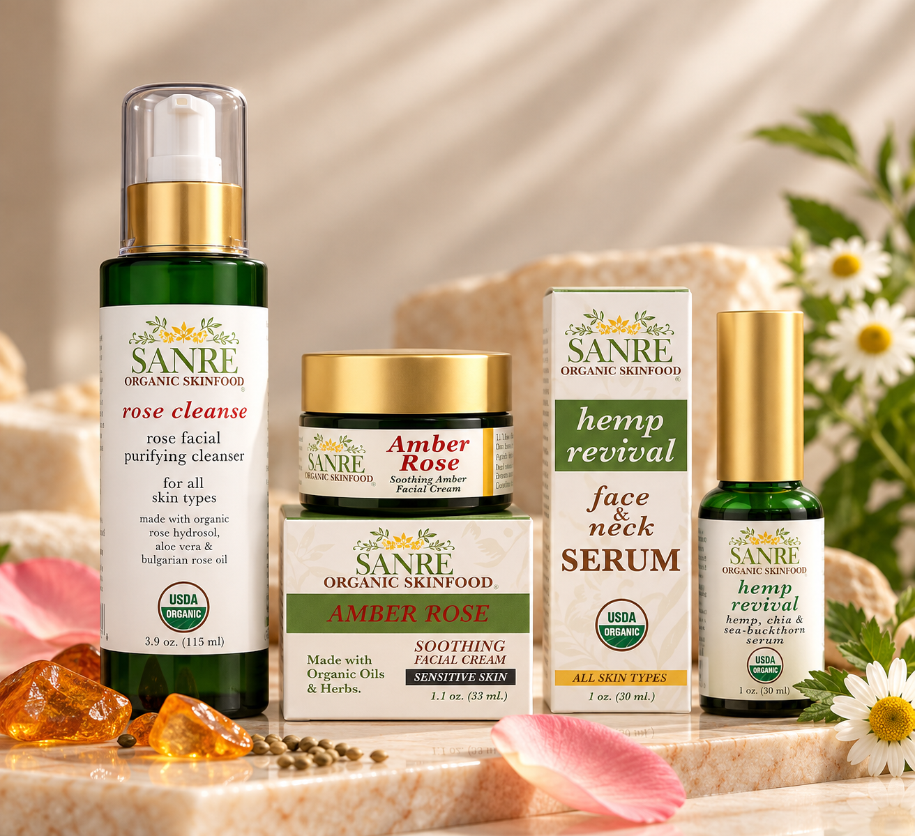 SanRe Sensitive Skin Gift Set with Rose Cleanse, Amber Rose and Hemp Revival